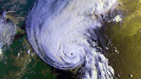 A high resolution satellite image showing Hurricane Bob moving into New England.