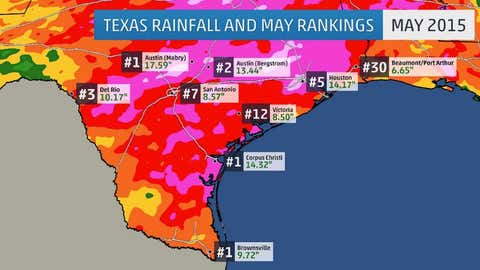 The rankings next to each city's rainfall totals indicates where May 2015 ranked among their record wettest Mays.