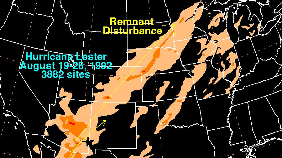 Rainfall amounts associated with Hurricane Lester, where shaded areas indicate at least 1 inch of rain.