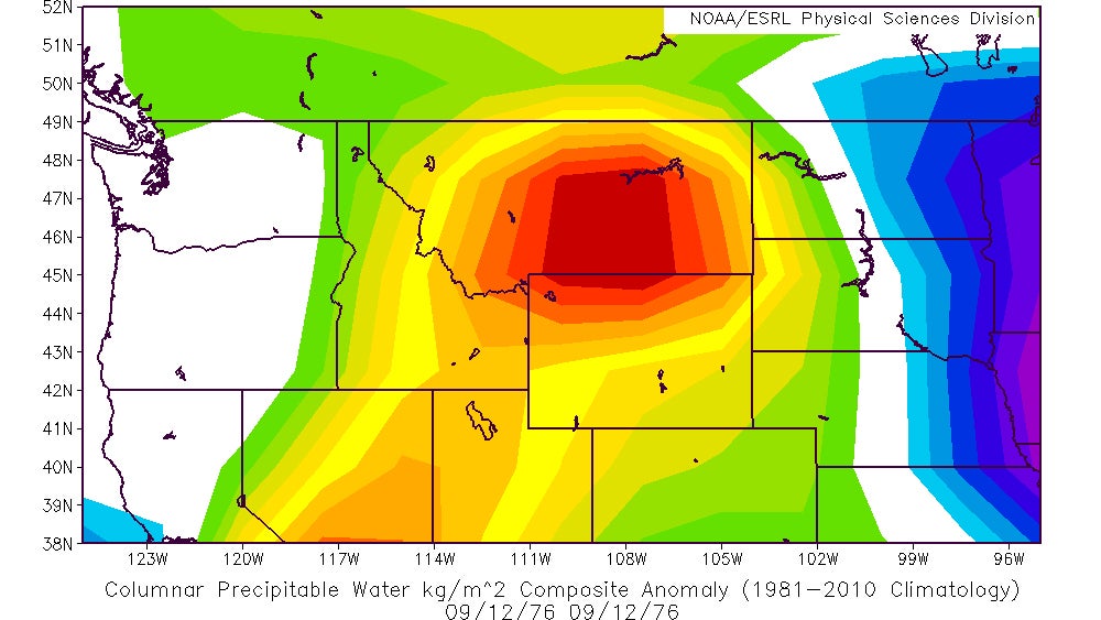 The NCEP/NCAR reanalysis from Sept. 12, 1977 highlighting precipitable water anomalies, essentially showing abnormally high moisture values across Montana.