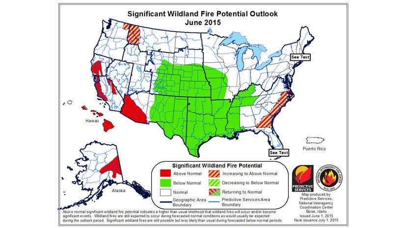 This map shows the fire outlook for the month of June 2015. (Predictive Services/National Interagency Coordination Center)