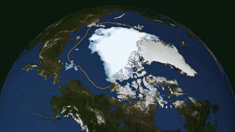 The extent of Arctic sea ice on Aug. 26, 2012, the day the sea ice dipped to its smallest extent ever recorded in more than three decades of satellite measurements, according to scientists from NASA and the National Snow and Ice Data Center. (NASA Goddard Space Flight Center)