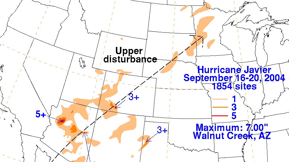 A graphic showing rainfall associated with the leftovers from Hurricane Javier.