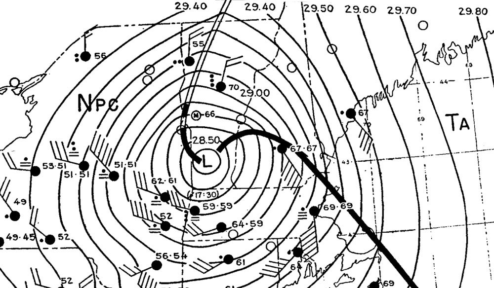 An archived surface weather map showing conditions at 6 p.m. on Sept. 21, 1938.
