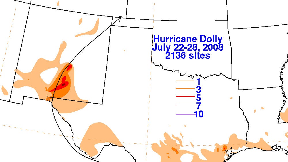 Total rainfall amounts associated with Hurricane Dolly.