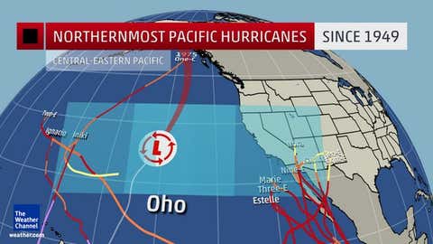 graphic showing the northernmost hurricanes in the central and eastern Pacific, dating back to 1949.