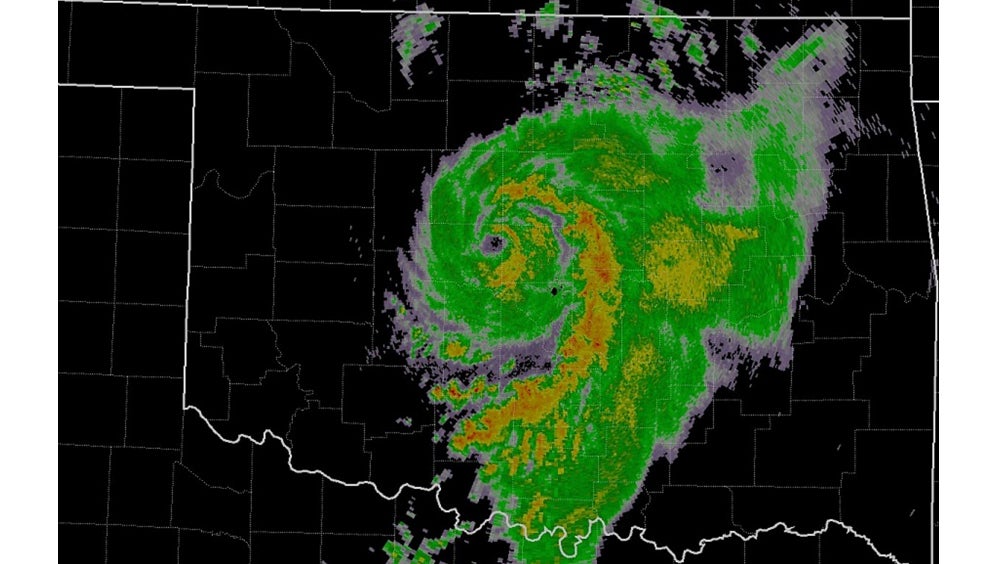 A radar image from the morning of Aug. 19, 2007, showing the remnants of Tropical Storm Erin over Oklahoma.