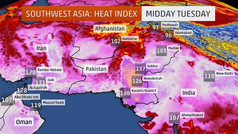 Heat indices across Southwest Asia at 1100 UTC Tuesday, June 23, 2015.