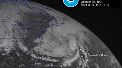 Visible satellite image of the Perfect Storm ingesting the remnant of what was once Hurricane Grace on October 29, 1991 at 11:01 a.m. ET. (NOAA)