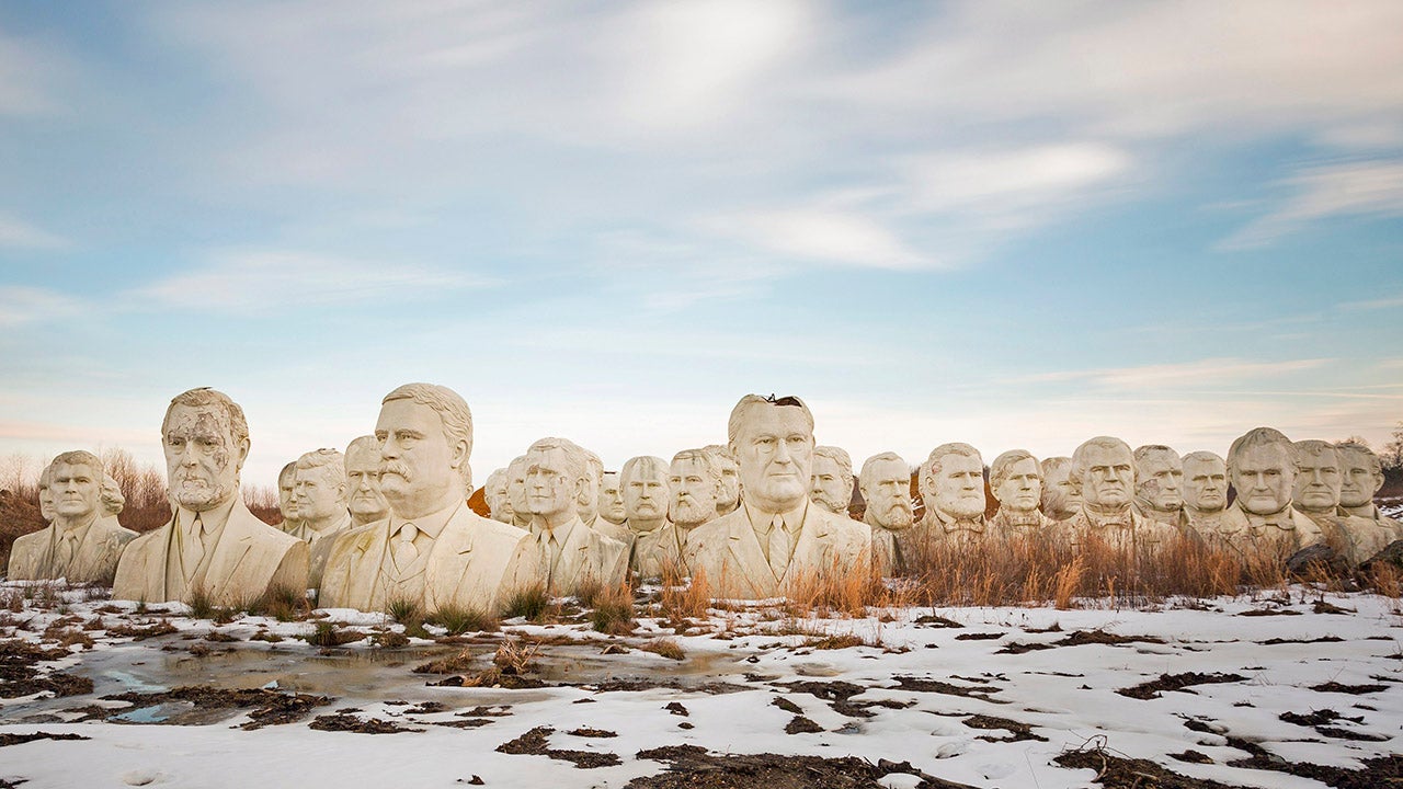 In a remote location in rural America, a photographer has discovered a rather unique gathering: row after row of presidential busts. Like a zombie graveyard, the field contains 43 gigantic busts, ranging from Tricky Dick to FDR, JFK and Honest Abe. (David Ogden/Caters News)