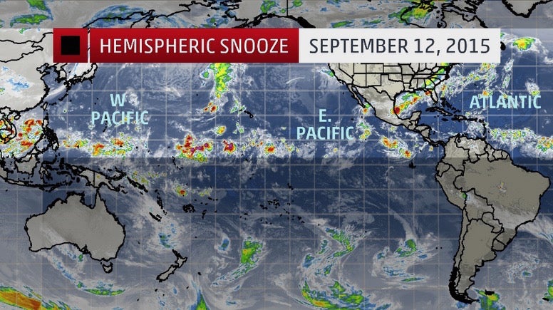 Pacific and Atlantic basin satellite image showing no active tropical cyclones on Sep. 12, 2015.