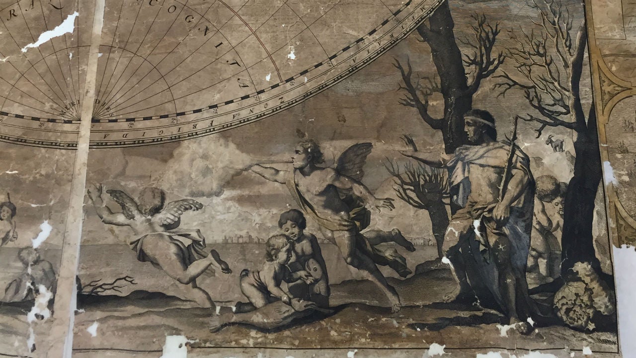 A restored section of a map found in the chimney of an Aberdeen, Scotland home.