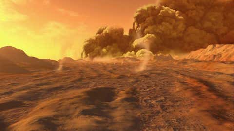 Several times a year a dust storm of titanic size blooms on Mars. These monster storms can cover thousands of square miles...and have even been known to blanket the entire planet. (Courtesy Ron Miller)