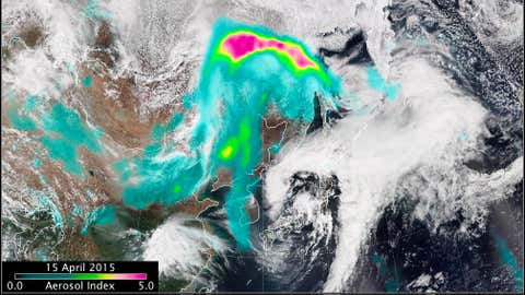 The blue, green, yellow and orange colors show the aerosols associated with the smoke in eastern Russia on April 15, 2015. (NASA)