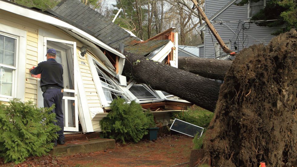 Capt. Charles Bodien Jr., posts a condemned sign on a summer camp on Webster Lake, Wednesday, Oct. 31, 2012 in Franklin, N.H. after a tree crashed down on it from the high winds of Superstorm Sandy.