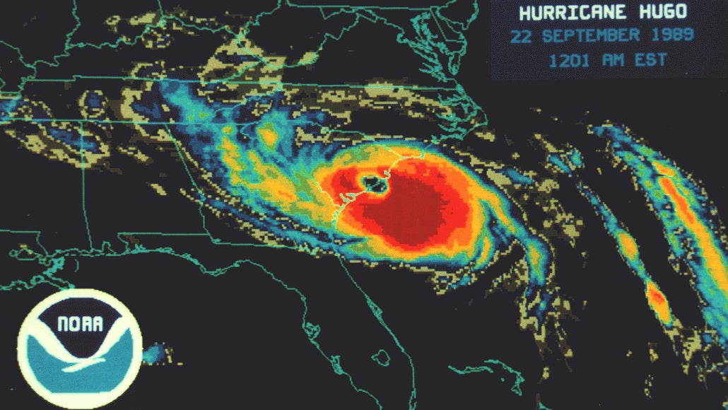 An infrared satellite image showing Hurricane Hugo making landfall in South Carolina.