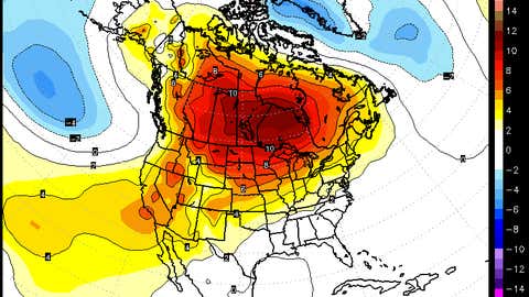 850-millibar temperature anomaly forecast from the European ECMWF computer model valid Dec. 9, 2015.