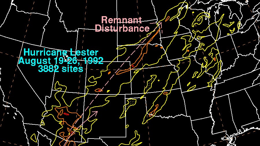 A graphic showing rainfall associated with Hurricane Lester, where yellow lines represent 1 inch and orange lines indicate 3 or more inches.