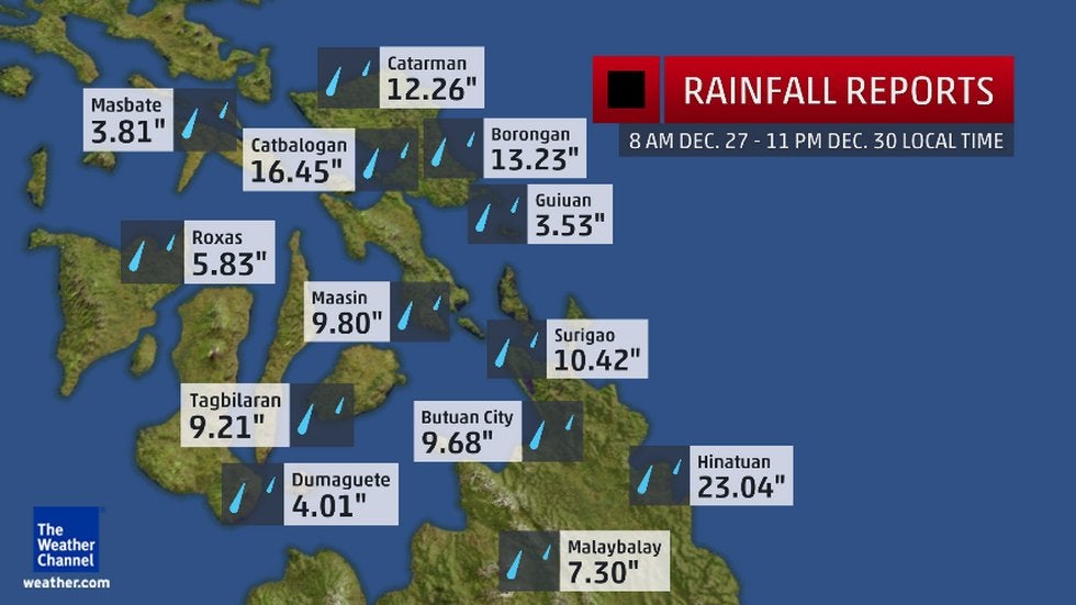 Rainfall totals reported from areas affected by Tropical Storm Seniang. In some places, a small part of these totals may be from rain preceding the tropical cyclone. One inch (1") equals 25.4 millimeters.