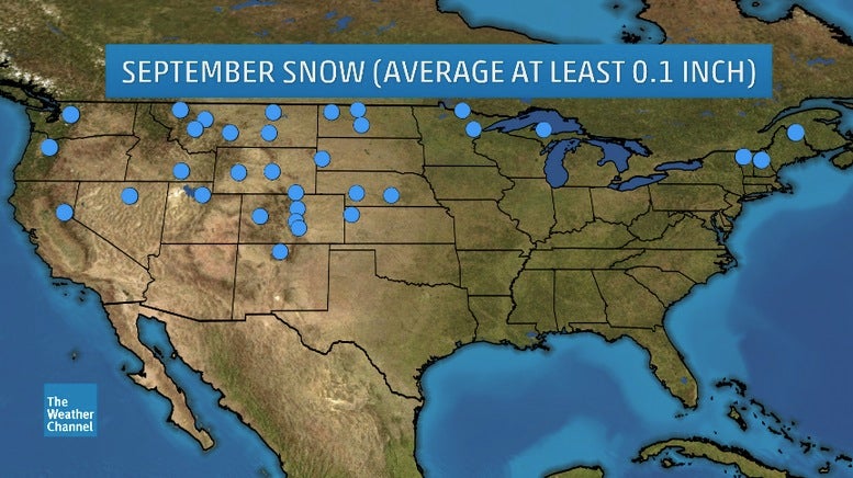 Locations averaging at least 0.1 inch of snow in September, using 30-year averages from NOAA/NCEI. 