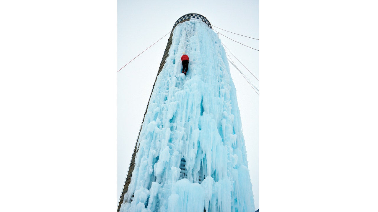 A frozen grain silo is converted into an ice climbing wall in Cedar Falls, Iowa every winter. (Andy Rowland/Iowa Tourism Office) 