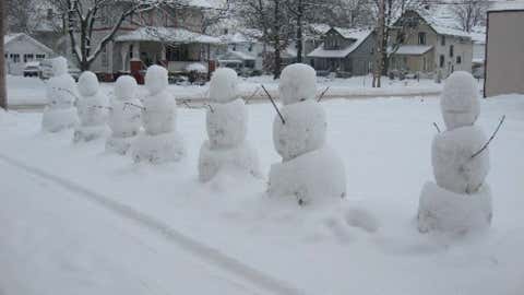 In the southeast corner of the state, the town of Woodsfield saw 22 inches of snow on February 17, 2003. Image: Snowmen line a street in Akron, Ohio. From iWitness Weather contributor JohnLovejoy.