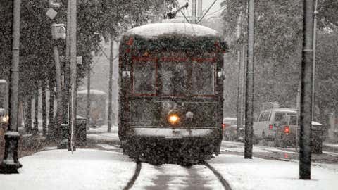 Shell Beach, La., located to the east of New Orleans near Lake Borgne, received 16 inches of snow on Valentine's Day in 1895. Image: Rare snow in New Orleans on Dec. 11, 2008. Photo by Chris Graythen/Getty Images.