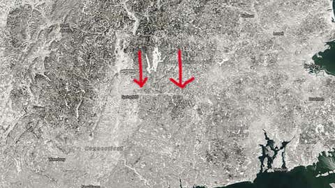 The tornado scar is seen just east of Springfield, Massachusetts, on Feb. 16, 2015. (NASA Photo)