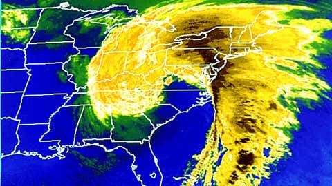 Infrared satellite image of the "Superstorm" at 1 p.m. EST on March 13, 1993. (NOAA)