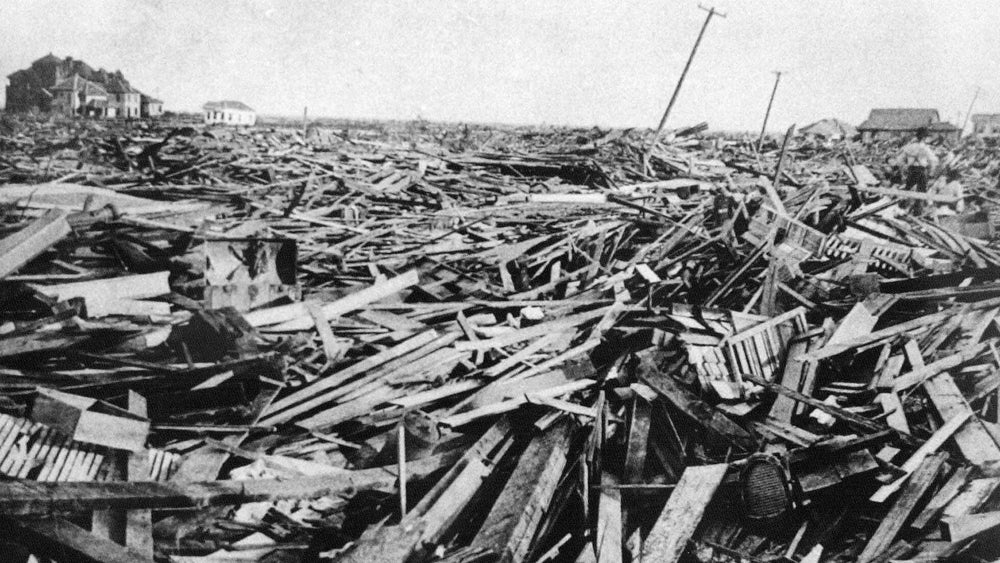 An image from Galveston, Texas showing destruction caused by a hurricane in 1900.