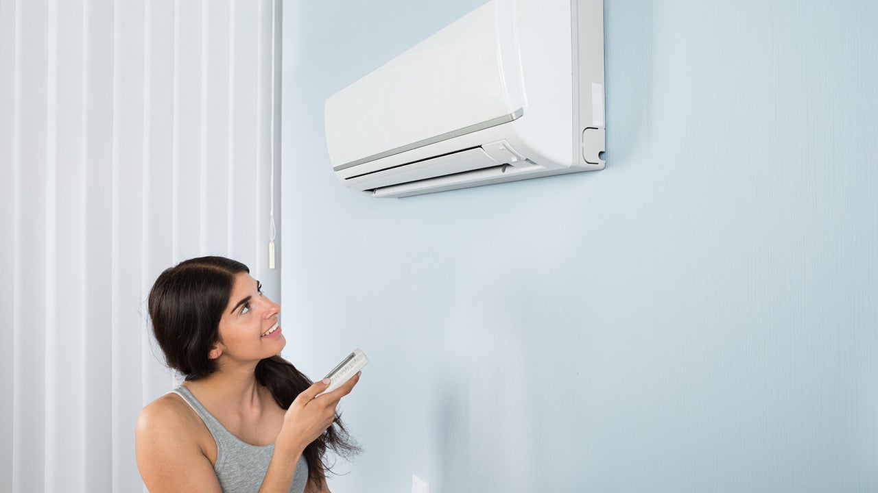 Young Happy Woman Holding Remote Control Air Conditioner In House