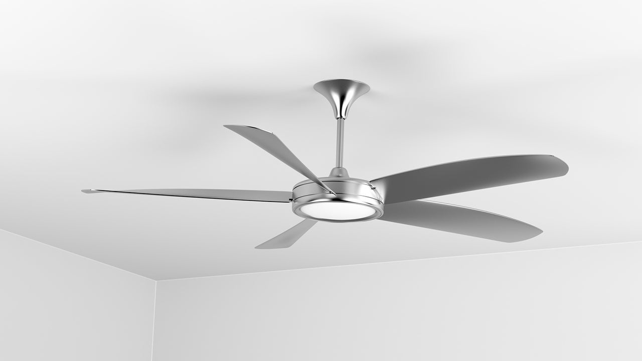 Silver ceiling fan with five blades