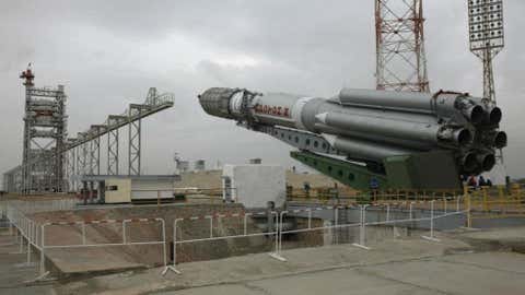 EchoStar XVI is lifted into upright position. (Courtesy of International Launch Services)