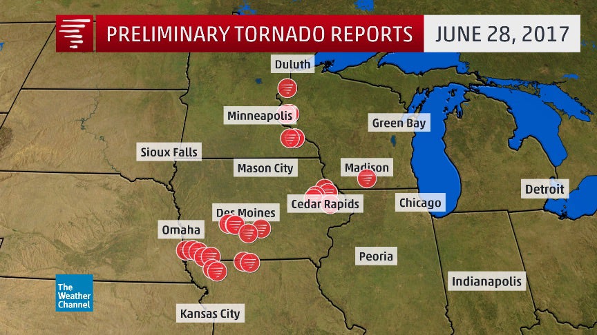 Preliminary tornado reports from June 28, 2017.
