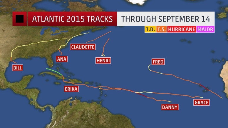 Named storm tracks in the 2015 Atlantic hurricane season through September 14.