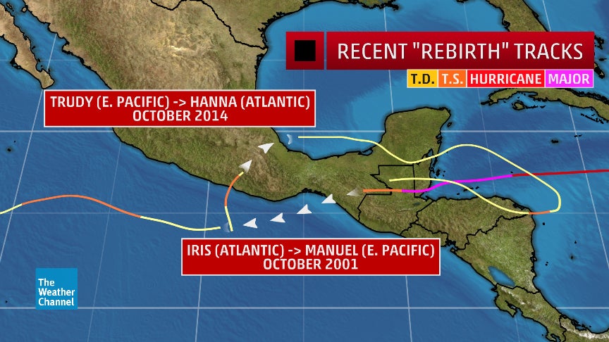Two examples of recent tropical cyclones whose remnants helped spawn a new tropical cyclone in the adjacent ocean basin. (Data: NOAA/AOML)