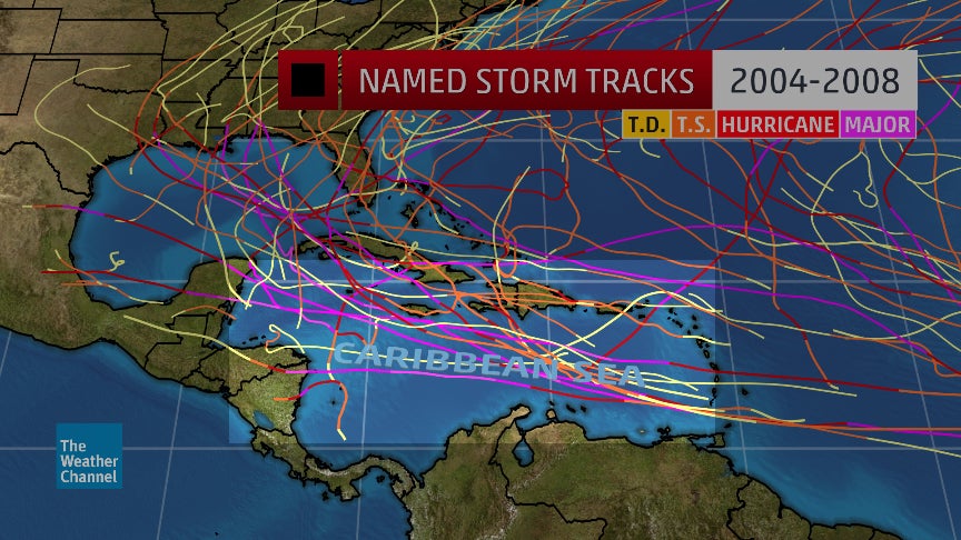 Tropical cyclone tracks 2004-2008 highlighting the active Caribbean Sea.