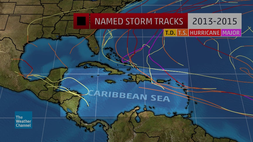 Named storm tracks (tropical storm or stronger) in the 2013 through 2015 Atlantic hurricane seasons, showing the relative dearth of activity in the Caribbean Sea. 