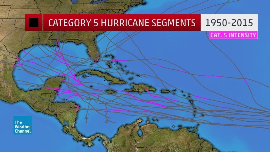 Category 5 track segments (purple) in the Atlantic Basin from 1950 through 2015. 