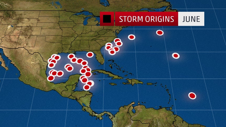 Origin points of named storms in June since 1950. (Through the 2016 season)