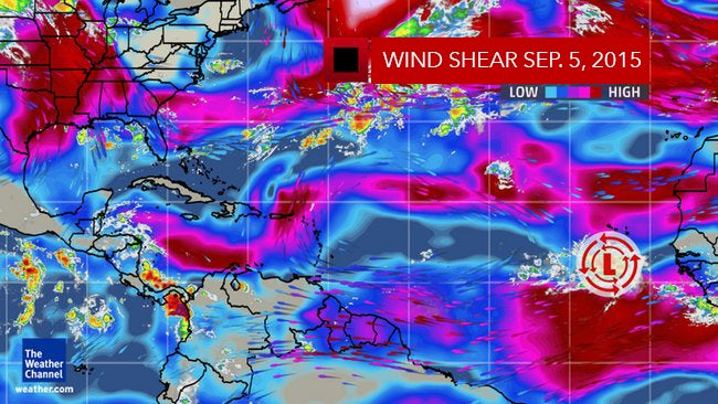 Wind shear analysis in the Atlantic Basin on Sep. 5, 2015. Higher shear is shown by the purple and dark red contours. Note the enhanced wind shear in the Caribbean Sea, a time of year where shear is typically at its lowest.