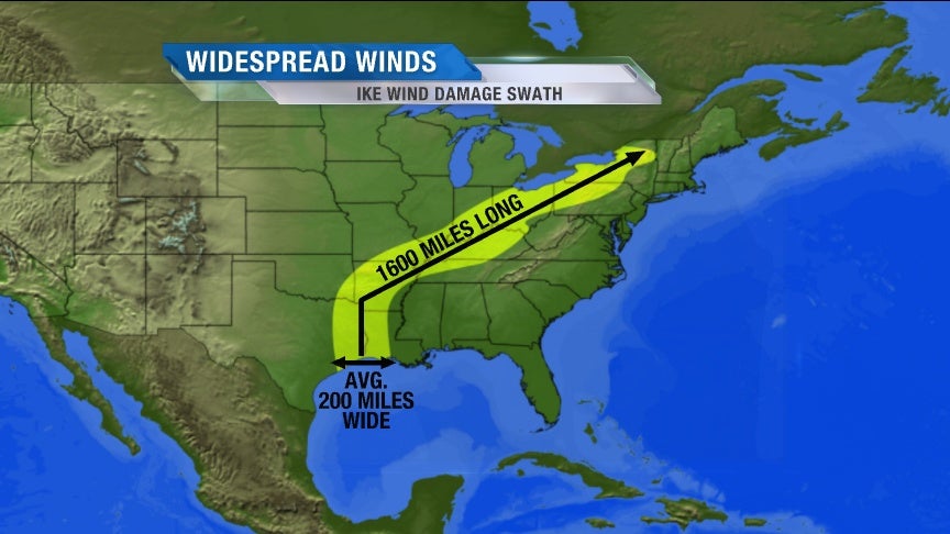 A graphic highlighting the large swath of damaging winds associated with Hurricane Ike.
