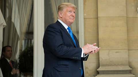 President of the United States Donald J. Trump, arrives at the U.S. Chief of Mission to France's residence to deliver remarks to Service Members in Paris on the Eve of Bastille Day July 12, 2017. This year, the U.S. will lead the parade as the country of honor in commemoration of the centennial of U.S. entry into World War 1 - as well as the long-standing partnership between France and the U.S. (Dept. of Defense photo by Navy Petty Officer 2nd Class Dominique A. Pineiro/Released)