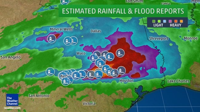 Estimated rainfall (contours) and flood reports from the May 26-27, 2016, flash flood from near Austin, Texas, to north of Houston. 