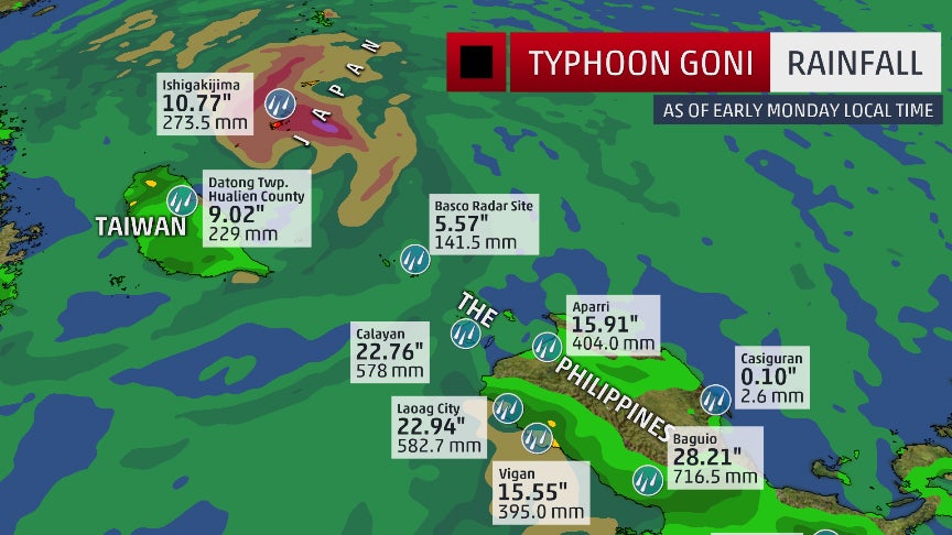 Typhoon Goni rainfall totals in the northern Philippines, Taiwan and Japan's Ryukyu Islands.