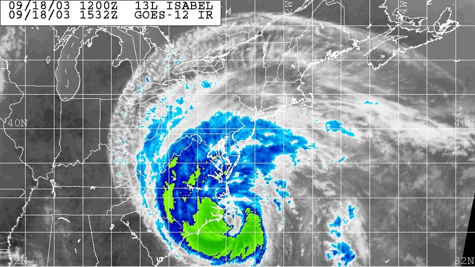 A color-enhanced satellite image showing Hurricane Isabel moving toward Virginia on Sept. 18, 2003.