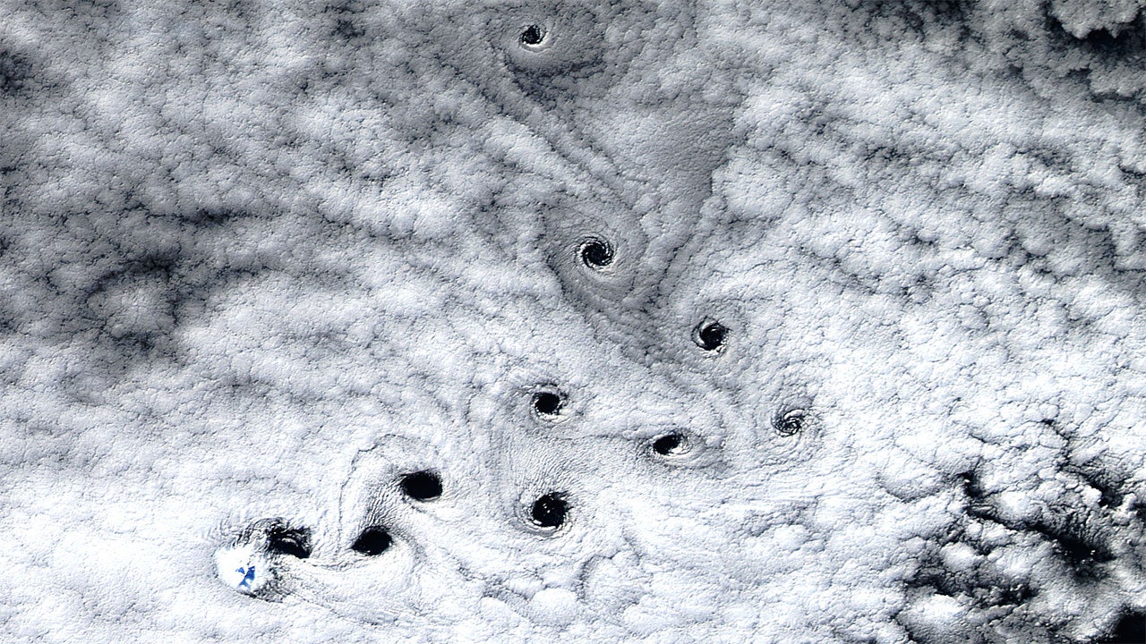 This image from May 3, 2016, shows von K&aacute;rm&aacute;n vortices near Heard Island in the southwest Indian Ocean. (NASA)