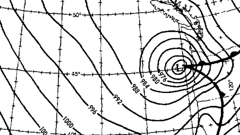 An archived weather map showing surface sea-level pressure on the afternoon of Oct. 12, 1962 across the Pacific Northwest.