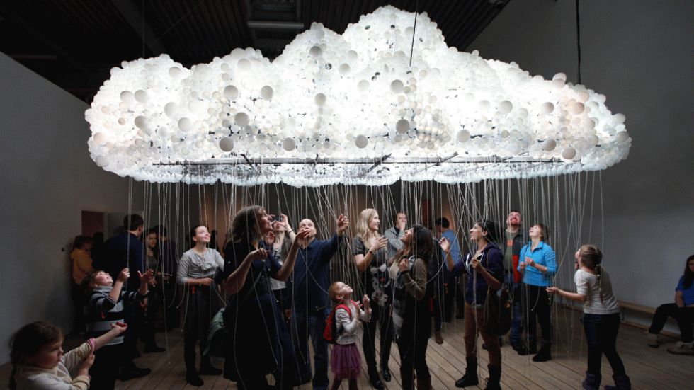 Members of the public experience 'CLOUD,' an art sculpture by Caitlind r.c. Brown and Wayne Garrett at the Garage Center for Contemporary Cultures in Moscow, Russia. (Photo: Caitlind r.c. Brown and Wayne Garrett)