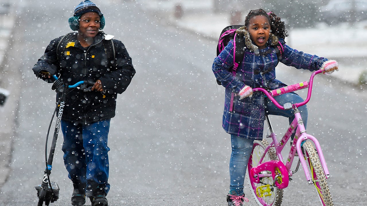 West Decatur Elementary students, Kelvin and Flowah Harris arrive at school in Decatur, Ala., through a shower of snowflakes, Tuesday, Feb. 9, 2016. (John Godbey/The Decatur Daily via AP)